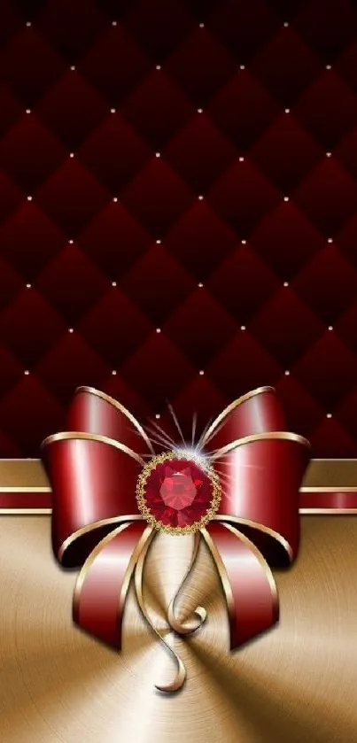 Red and gold wallpaper with luxurious bow design.