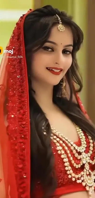 Beautiful woman in red bridal attire with elegant jewelry.