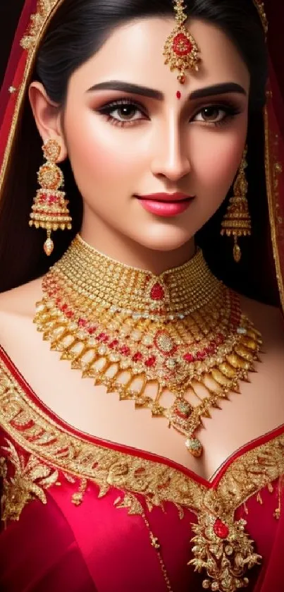 Elegant bride in red and gold attire, adorned with intricate jewelry.