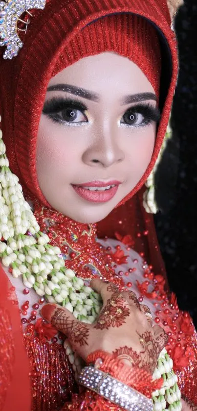 Elegant red bridal portrait with intricate henna design and traditional attire.