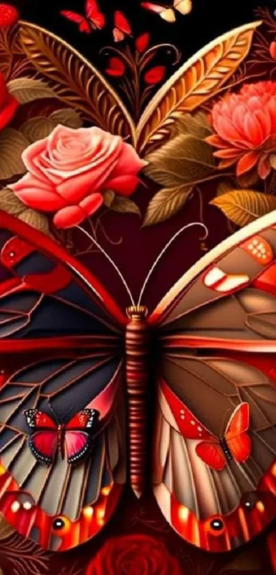 Beautiful red butterfly with floral background on mobile wallpaper.