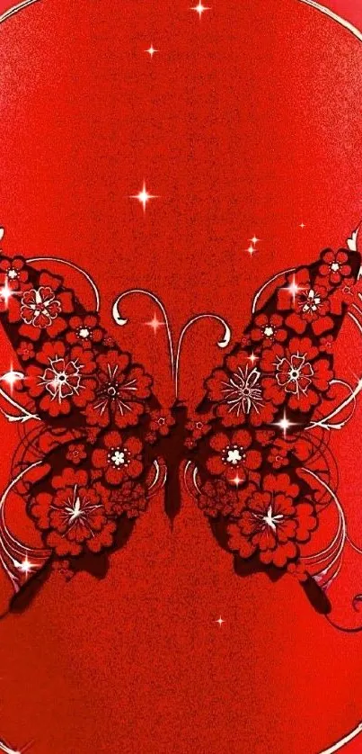 Elegant red butterfly with floral patterns on a mobile wallpaper.