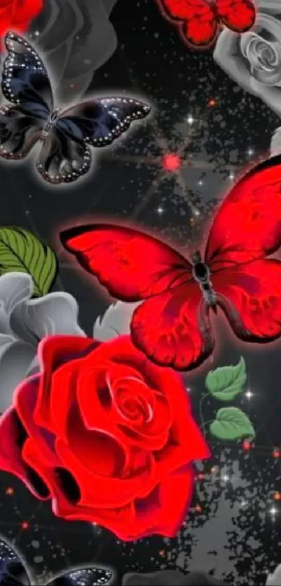 Elegant wallpaper with red butterflies and roses on a dark background.