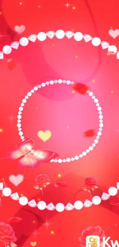 Red butterfly wallpaper with pearls and hearts.