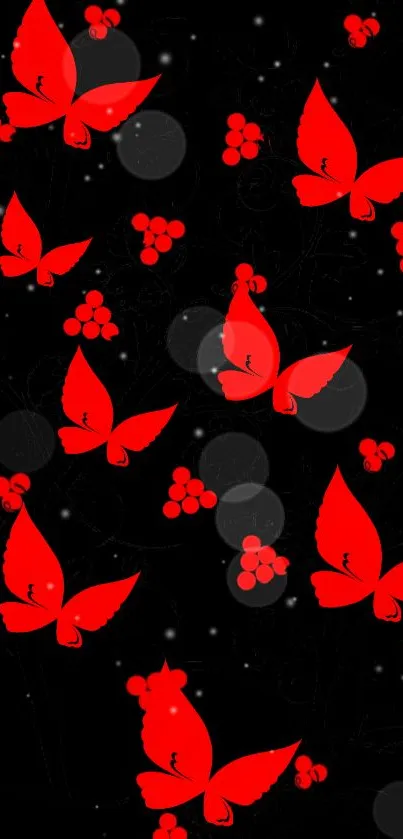 Elegant wallpaper with red butterflies on a black background.