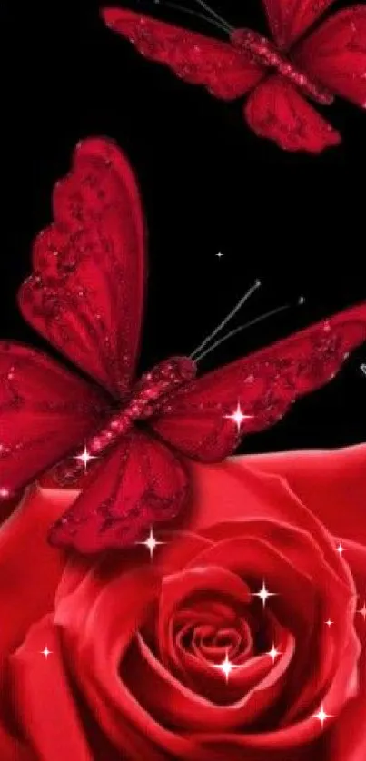 Red butterflies and rose on black wallpaper.