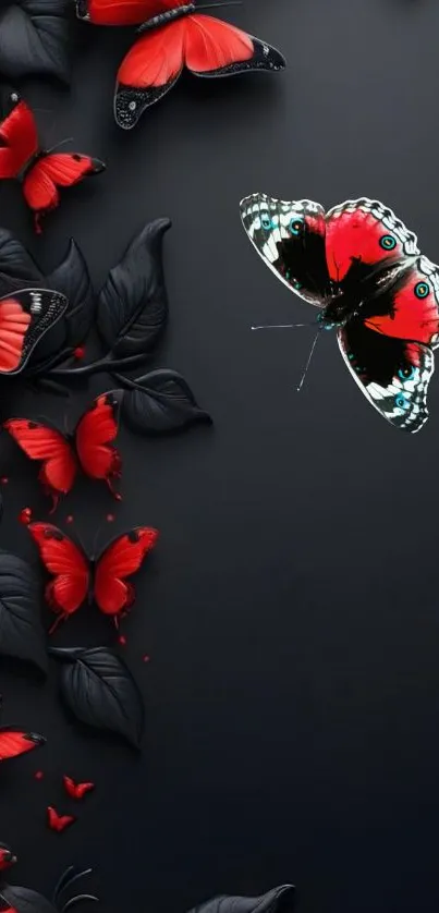 Red butterflies on a dark background.