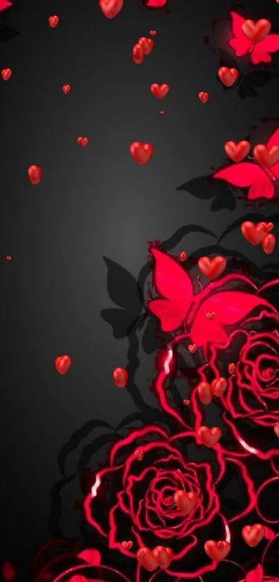 Elegant wallpaper with red butterflies and roses on dark background.