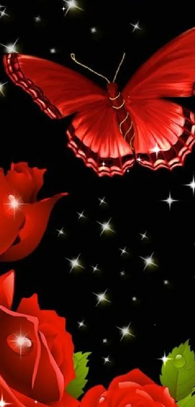 Red butterfly and roses on dark wallpaper.