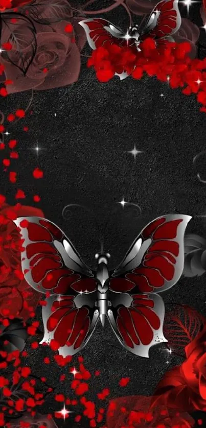 Red butterflies and roses on a dark background wallpaper.