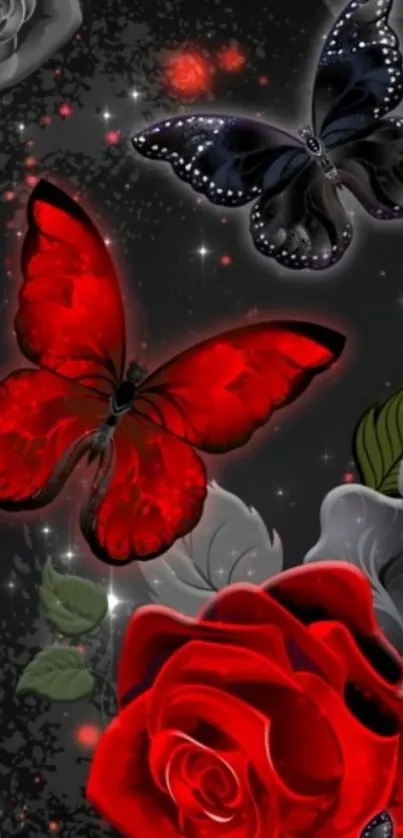 Red butterflies with roses on dark background.