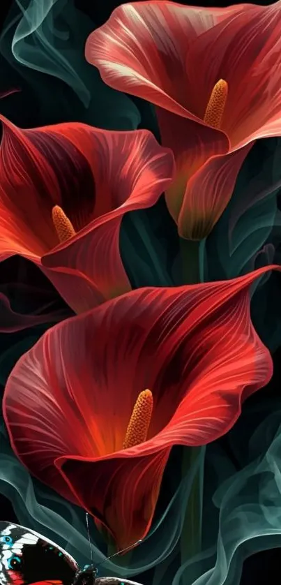Elegant red calla lilies with smoky background.