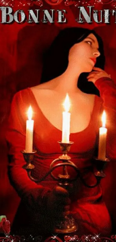 Elegant woman with candles in red gothic wallpaper.