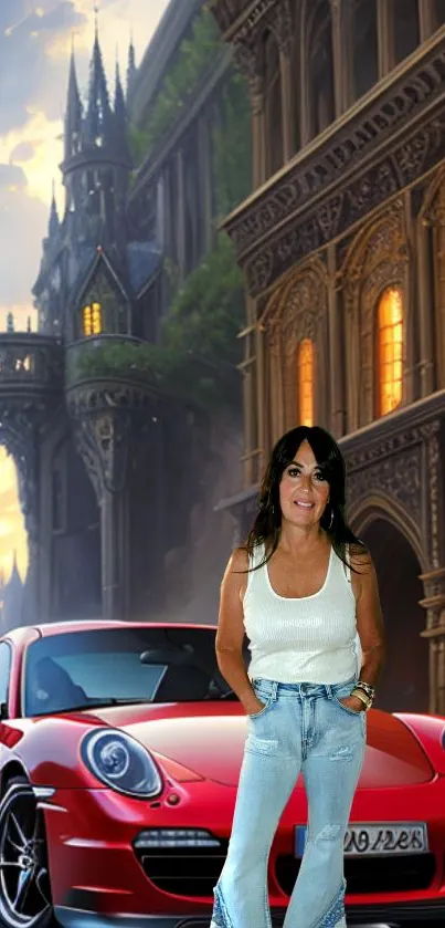 A sleek red sports car in front of a fantasy Gothic castle.