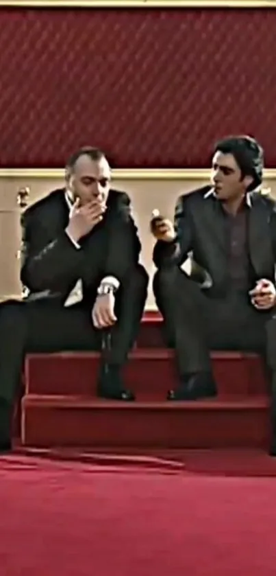 Two men in suits seated on red carpet steps, elegant setting.