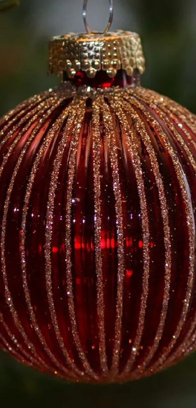 Elegant dark red Christmas ornament on a pine tree branch.