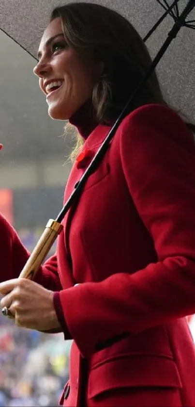 Woman in red coat with umbrella, stylish portrait.