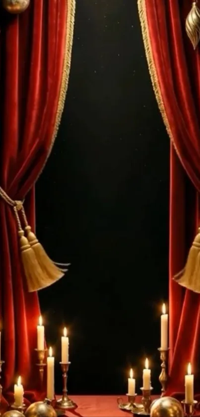 Rich red curtains with golden tassels and glowing candles create an elegant ambiance.
