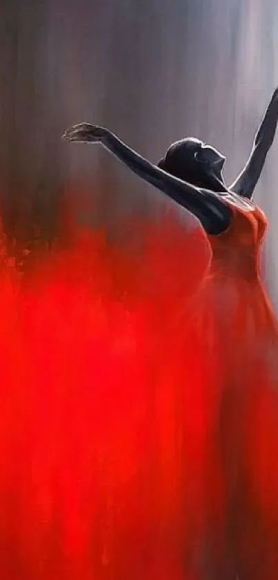 Elegant silhouette of dancer in a red dress painting.