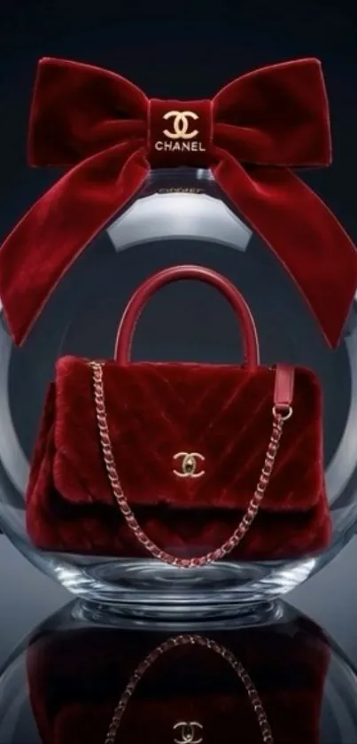 Red designer handbag with bow in glass sphere.