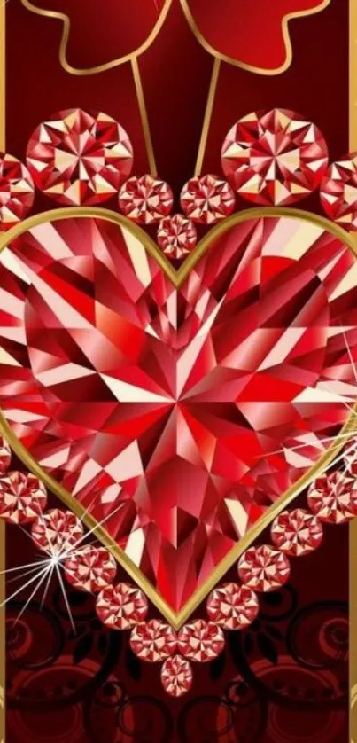 Red diamond heart with gold accents on a decorative background.