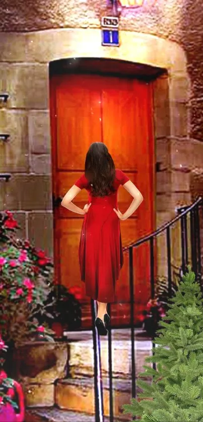 Woman in red dress approaching a brick red rustic doorway surrounded by flowers and greenery.