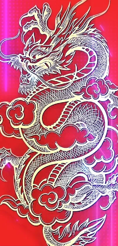 Intricate red dragon design on a vibrant wallpaper.