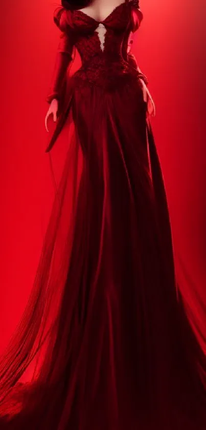 Elegant red dress art on dramatic backdrop.