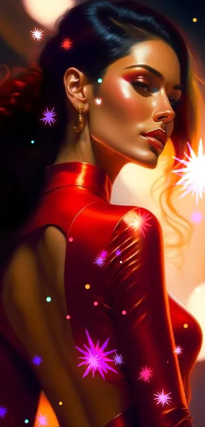 Elegant woman in glossy red dress in vibrant digital artwork.