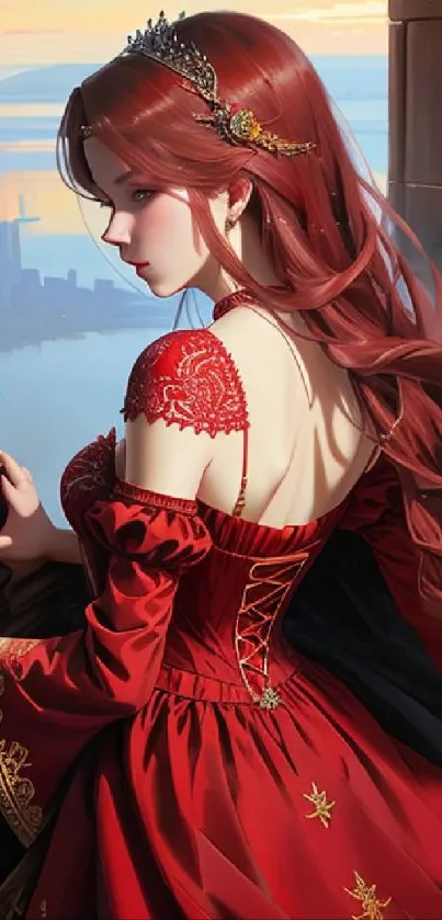 Fantasy art of a woman in a red dress with a scenic background.