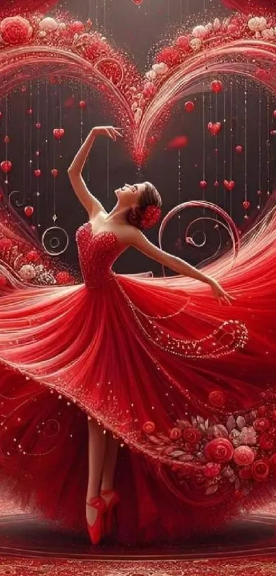 Elegant dancer in red dress with heart design background.