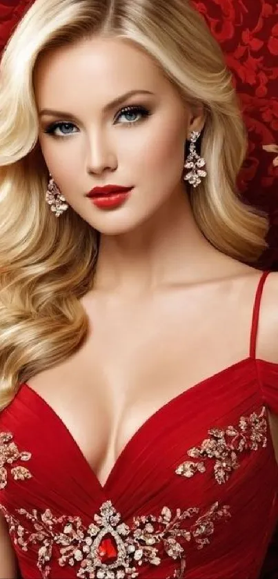 Elegant woman in red dress with jeweled details.