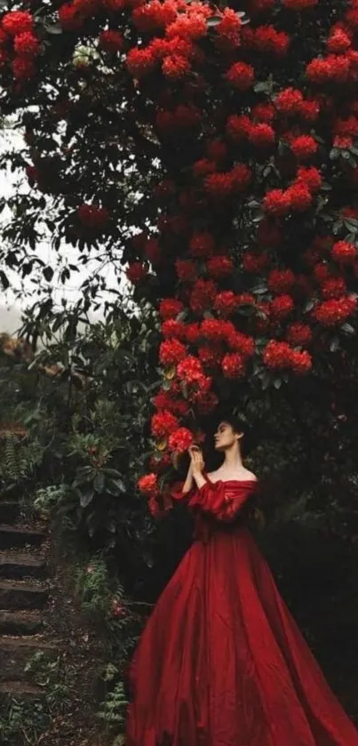 Woman in red dress under a vibrant floral arch.