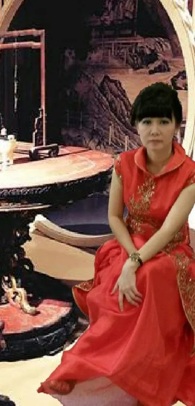 Woman in elegant red dress in oriental themed room.