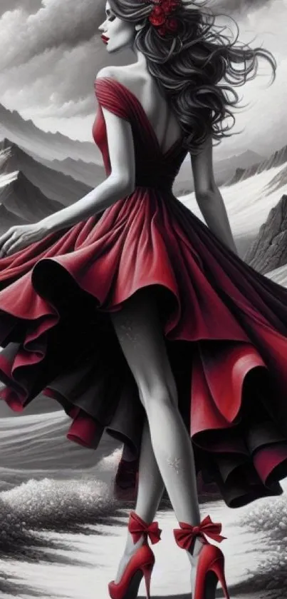 Woman in red dress with scenic mountain backdrop.