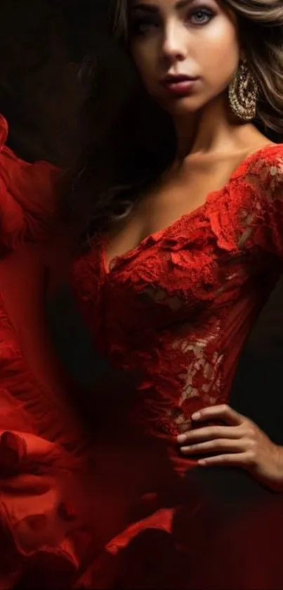 Elegant woman in a vibrant red lace dress on a dark background.