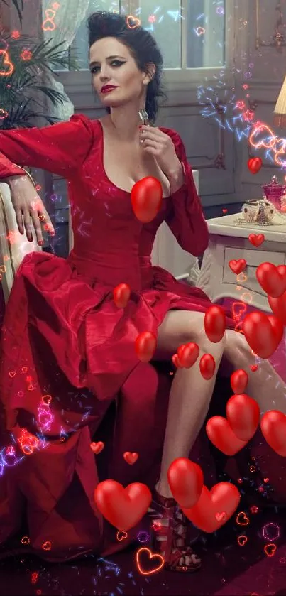 Woman in elegant red dress sitting gracefully in a luxurious room.