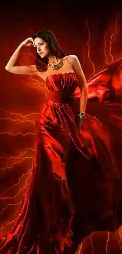 Stylish woman in a dramatic red dress with lightning effects on mobile wallpaper.