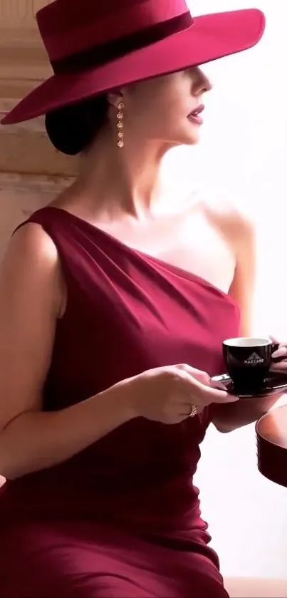 Woman in red dress and hat sipping coffee elegantly.