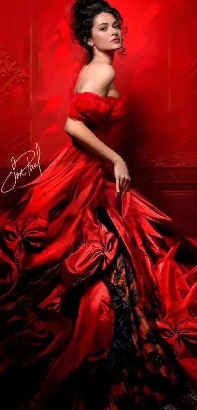 Elegant woman in a flowing red gown against a rich red background.