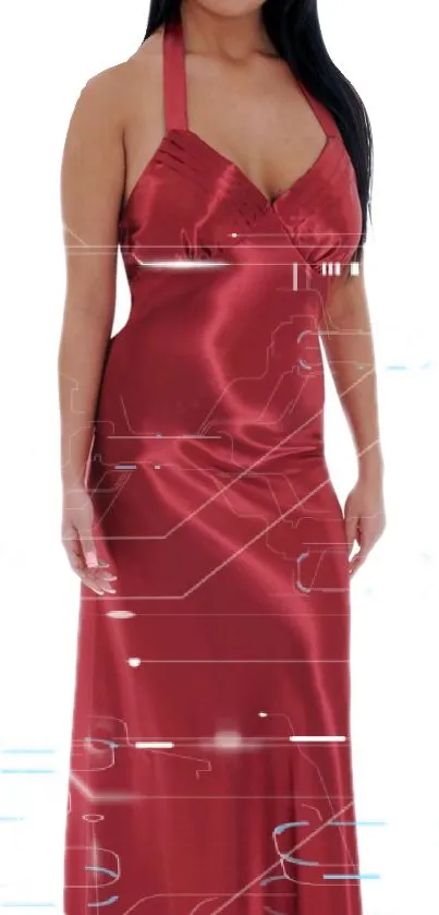 Elegant red satin dress with modern tech overlay on a mobile wallpaper.