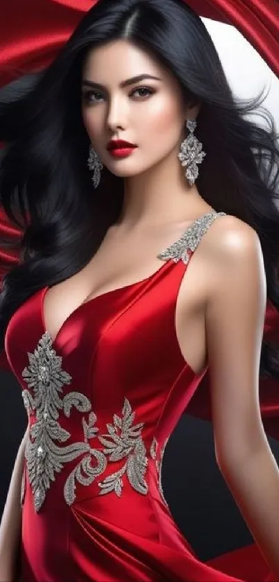 Woman in a red dress with flowing black hair and silver details.