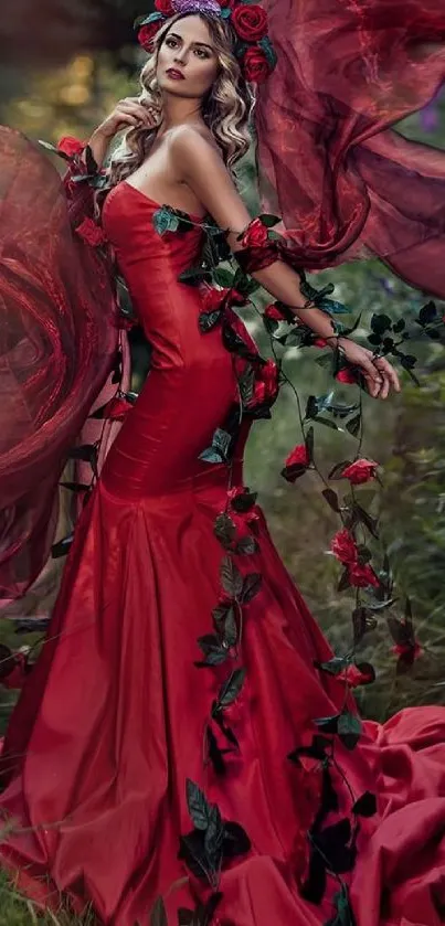 Woman in a dramatic red dress surrounded by nature and roses.