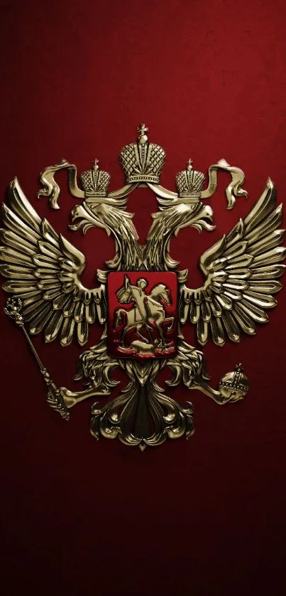 Gold double-headed eagle emblem on a rich red background wallpaper.