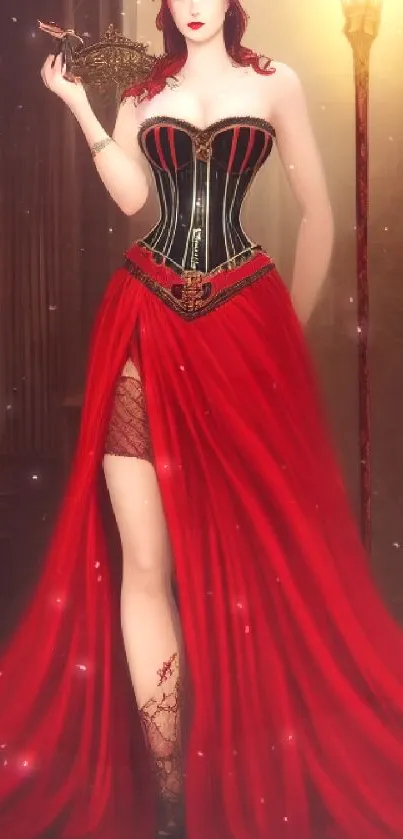 Fantasy art with a woman in a red gown holding a mask. Elegant and gothic.