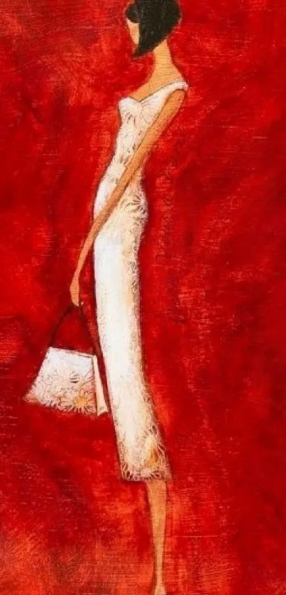 Stylized figure in white dress on red background wallpaper.