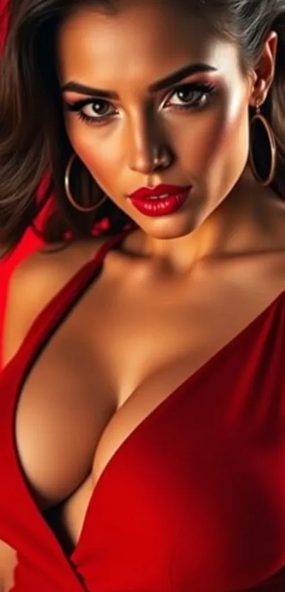 Woman in a glamorous red dress posing elegantly.