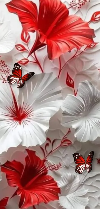 Red and white floral wallpaper with butterflies.