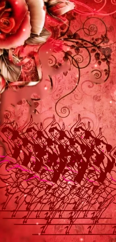 Elegant red floral wallpaper with intricate patterns and dancers.