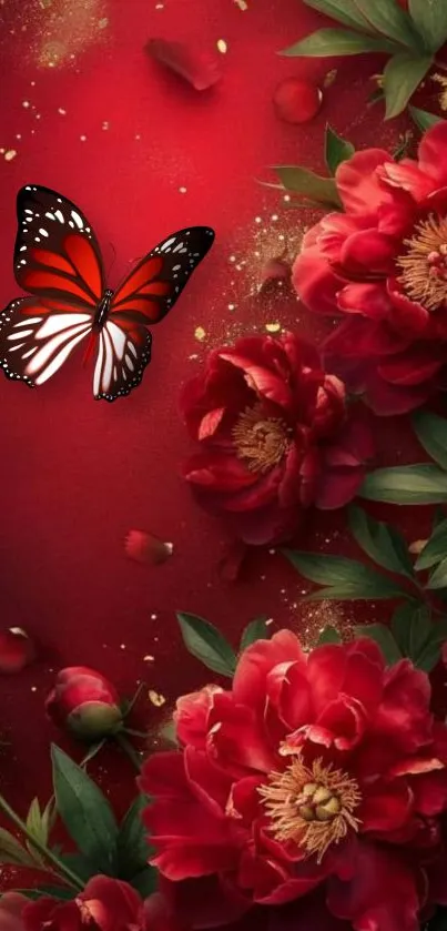 Elegant red floral wallpaper with butterfly on mobile screen.